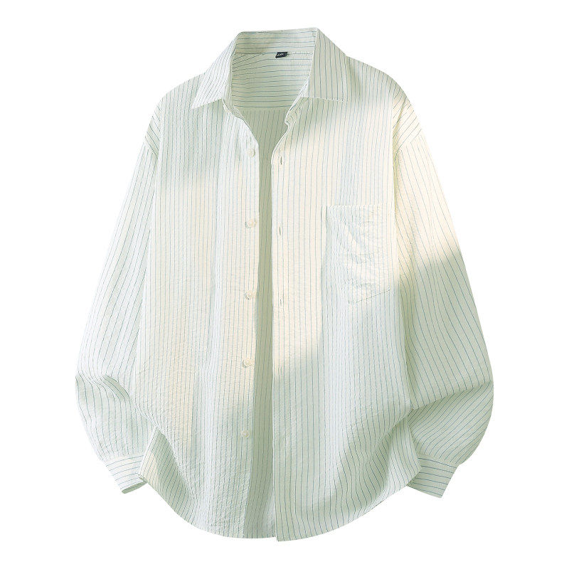 2026春装新款清新细条纹衬衫泡泡纱衬衣男宽松翻领百搭青年上衣潮
