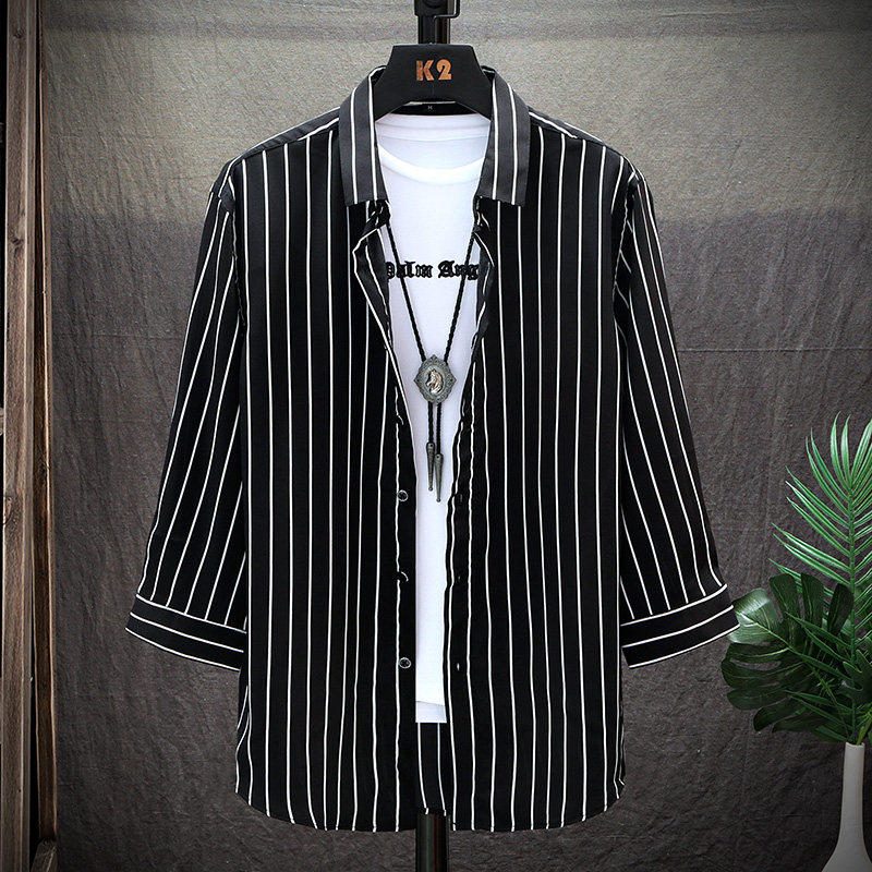 2026夏季新款简纹冰丝七分中袖衬衫男士潮流时尚休闲衬衣青年外套