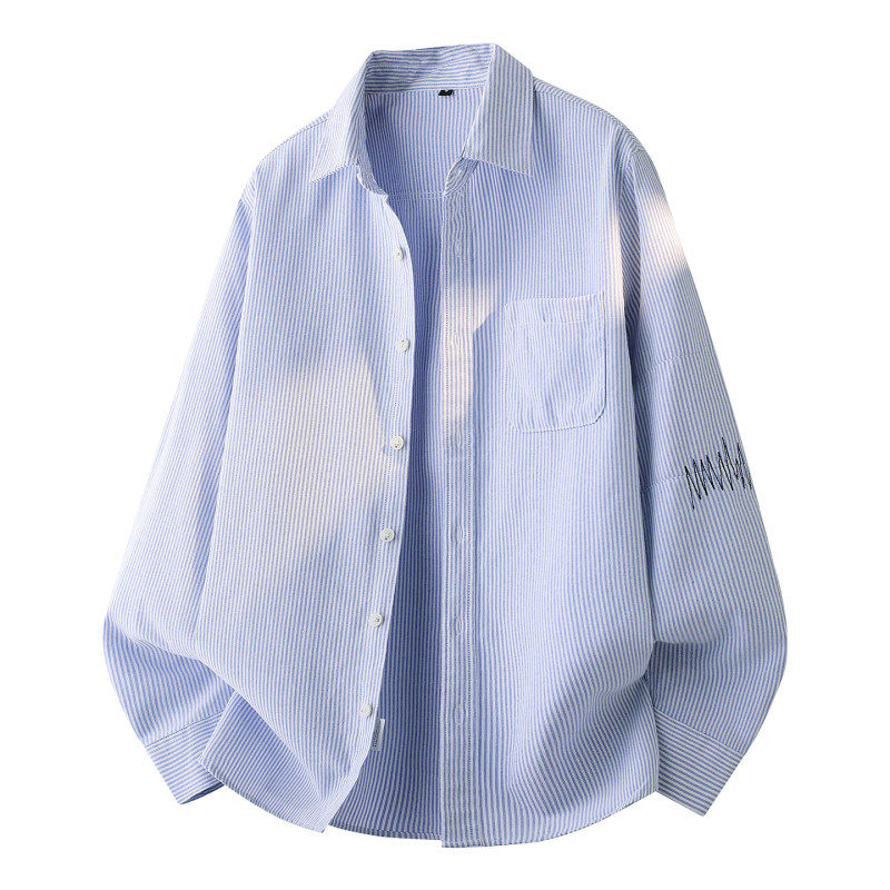 2026春季新款条纹刺绣衬衫男宽松长袖日系休闲百搭衬衣外穿上衣潮