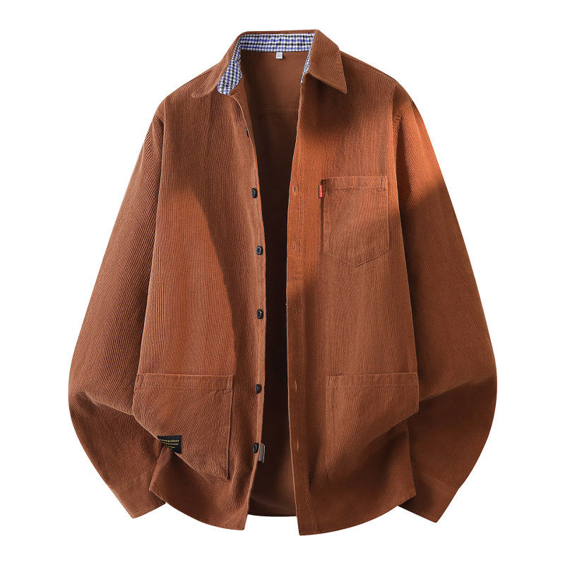 2026美式复古灯芯绒长袖衬衫男宽松翻领休闲百搭纯色青年衬衣外穿