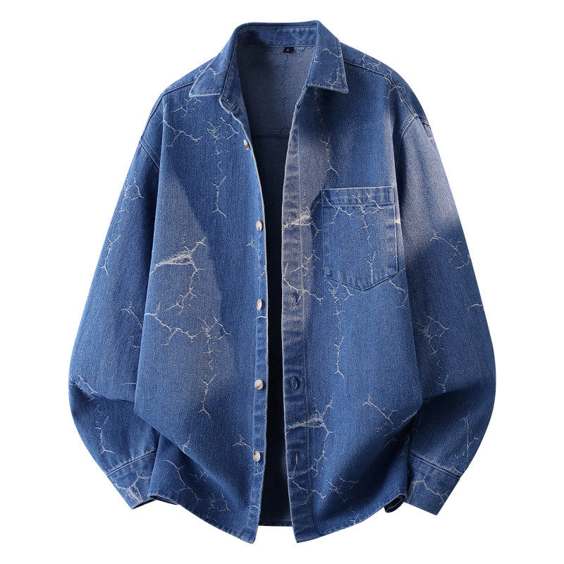 2026春装新款美式牛仔长袖衬衫男单贴袋宽松廓形青年休闲简约上衣