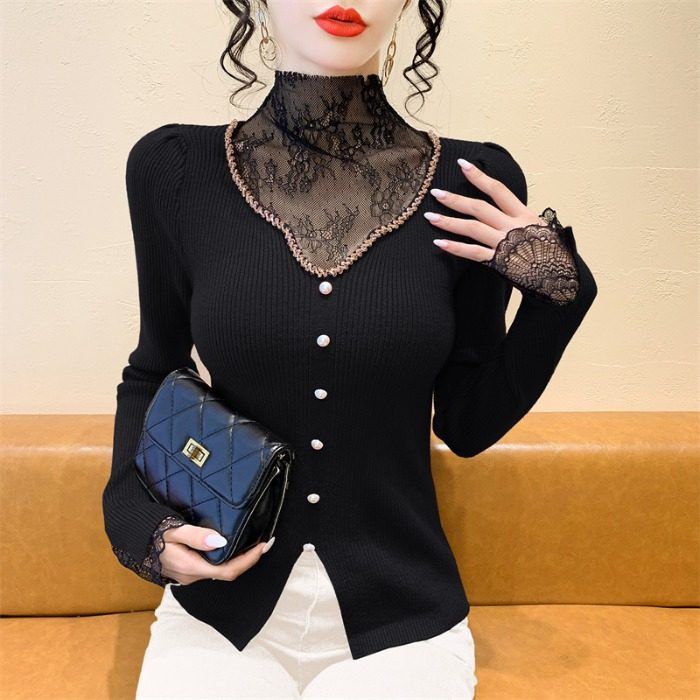 实拍 上档次针织衫毛衣假两件套秋冬新款高端名媛风蕾丝拼接订珠