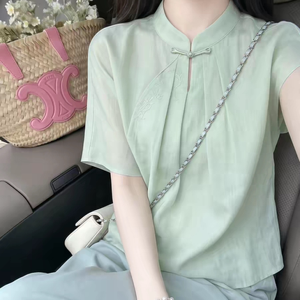新中式风绿色立领盘扣短袖衬衫女夏季新品高级感绝美百搭显瘦上衣