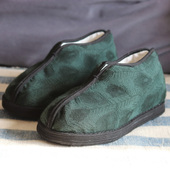 冬季 传统布棉鞋 养生棉靴 女 纯手工千层底 原创深绿提花棉花保暖