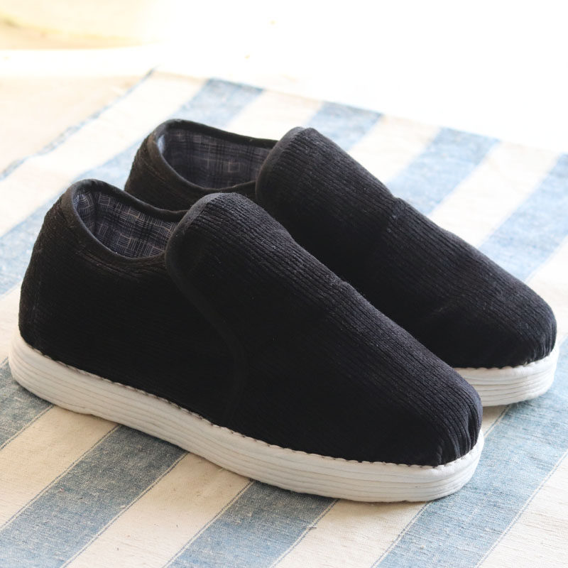 纯手工千层底男 女棉花绒布鞋 冬加厚保暖黑色灯芯绒一脚蹬棉靴子