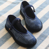 传统圆头平底女鞋 原创国潮千层底一字扣浅口透气女布鞋 拼色牛仔