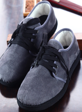 原创新品手纳千层底布鞋男 女 灰色条绒 透气吸汗 传统系带单鞋子