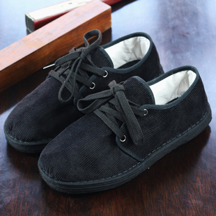 新品农家纯手工纳底布鞋男 女 黑色灯芯绒系带透气平底传统单鞋子