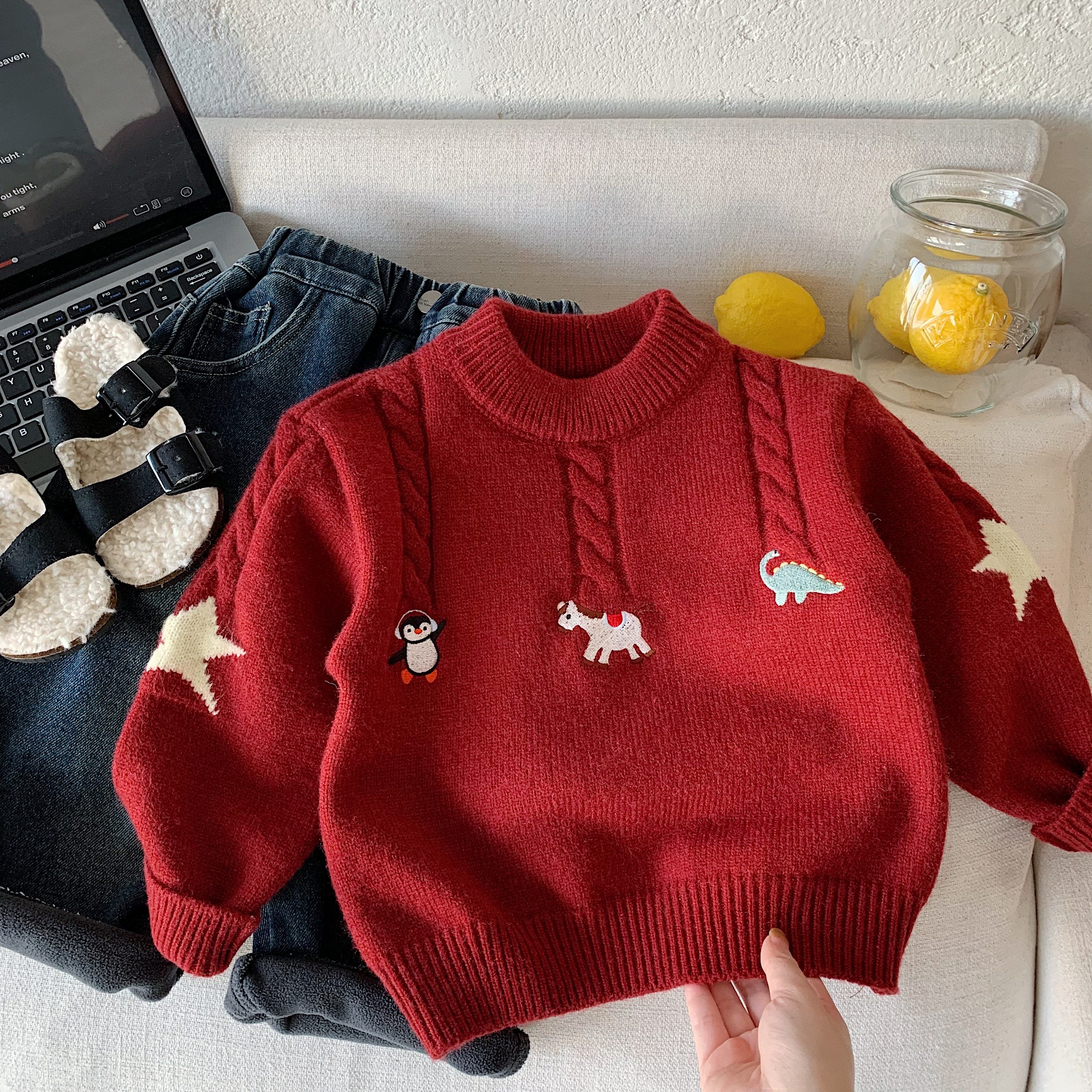 韩版专柜儿童加厚毛衣男女童休闲针织衫冬季宝宝卡通红色拜年服