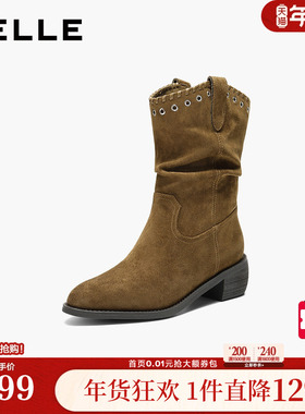 百丽复古绒面时装靴女冬新显瘦V口百搭西部牛仔靴B3009DZ5