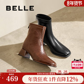 百丽女靴子弹力靴褶皱新款 粗高跟时装 靴通勤显瘦瘦短靴B2348DZ4