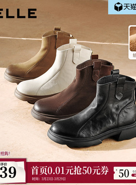 百丽复古时装超软羊皮靴新款加绒雪地靴显瘦粗高跟短靴E5S1DDD5