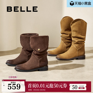 百丽西部牛仔靴女靴子新款 长筒堆堆靴显瘦高长靴3QFB1DG4 冬季