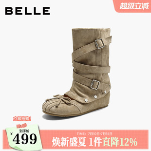 百丽女靴内增高中筒靴可拆卸2026冬新款芭蕾舞鞋堆堆靴B3277DZ6