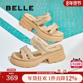 可外穿拖鞋 百丽女鞋 D7Z1DBT5 新款 妈妈鞋 子亮钻厚底休闲拖鞋 夏季