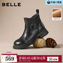 百丽黑巧靴抓皱真皮时装 黑色切尔西靴短筒靴E8P1DDD5 靴加绒新款