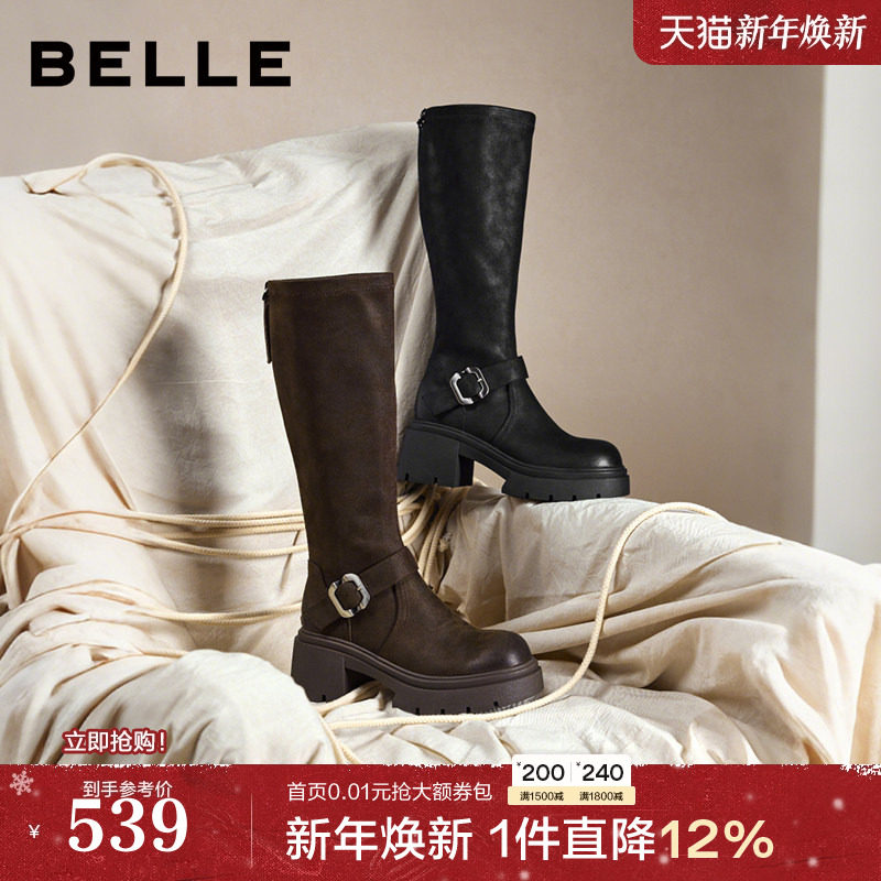 百丽复古高长弹力骑士靴女2025冬季新款粗跟显瘦长筒靴子E5H1DDG5