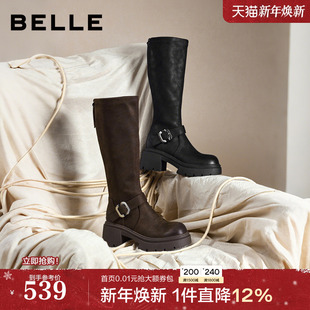 百丽复古高长弹力骑士靴女2025冬季 粗跟显瘦长筒靴子E5H1DDG5 新款