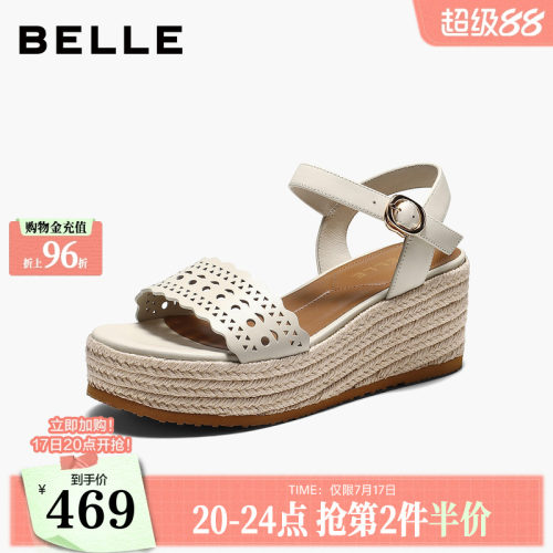 百丽度假编织松糕凉鞋子2026夏季新款坡跟透气雕花镂空女B3136BL6