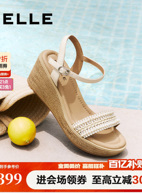 百丽度假风一字带凉鞋夏季新款妈妈坡跟松糕凉鞋子D8T1DBL5
