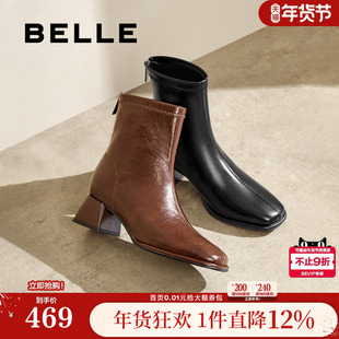 百丽女靴子弹力靴褶皱新款粗高跟时装靴通勤显瘦瘦短靴B2348DZ4