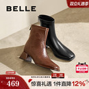 百丽女靴子弹力靴褶皱新款粗高跟时装靴通勤显瘦瘦短靴B2348DZ4