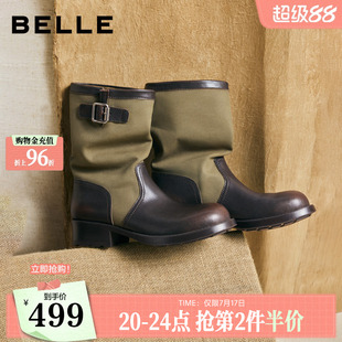百丽帆布堆堆西部靴女2026夏季棕色靴子商场款户外休闲短靴G2H1DD