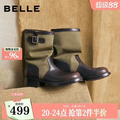 百丽帆布堆堆西部靴女2026夏季棕色靴子商场款户外休闲短靴G2H1DD