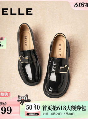 百丽粗高跟乐福鞋女春新款一脚蹬黑色小皮鞋单鞋子D7E1DAA5