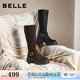 百丽复古高长弹力骑士靴女冬季 粗跟显瘦长筒靴子E5H1DDG5 新款