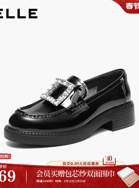 百丽璀璨乐福鞋厚底新款女鞋真皮方扣闪钻黑色小皮单鞋B3085AM6预