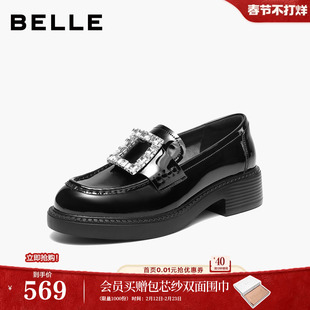 百丽璀璨乐福鞋厚底新款女鞋真皮方扣闪钻黑色小皮单鞋B3085AM6预