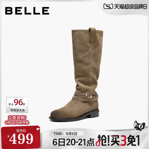 百丽复古堆堆靴西部靴女冬季新款巴恩风高长筒靴子F2S1DDG5