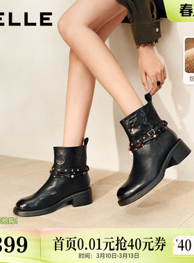 百丽粗高跟时装靴棕色靴子女真皮厚底棉鞋美拉德西部靴F2L1DDD5