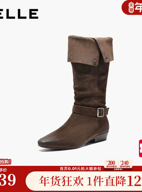 百丽复古西部牛仔靴时装靴秋冬堆堆靴宽筒围长筒靴子BFB71DG5