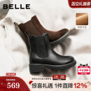 百丽复古真皮加绒保暖切尔西靴子女冬款棉鞋粗跟休闲短靴E8M1DDZ5