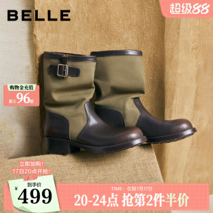 百丽帆布堆堆西部靴女2026夏季棕色靴子商场款户外休闲短靴G2H1DD