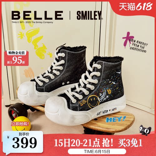 百丽SMILEY联名流浪玩家高帮帆布鞋子面包板鞋3ZJC5C