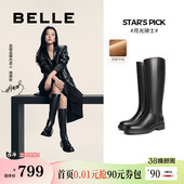 周雨彤同款 女真皮显瘦瘦加绒高长筒靴子3EL73D 百丽月光骑士靴冬季