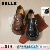 F2M1D预 单鞋 沈梦辰同款 百丽厚底增高踩脚跟乐福女真皮黑色小皮鞋