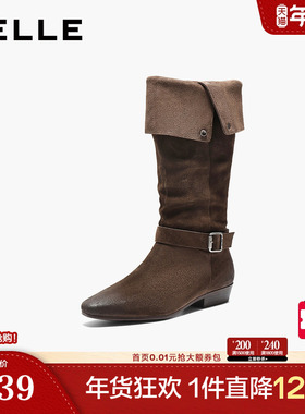 百丽复古西部牛仔靴时装靴秋冬堆堆靴宽筒围长筒靴子BFB71DG5