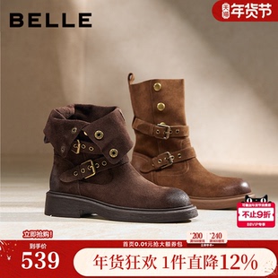 百丽复古厚底棕色西部堆堆靴女冬季新款牛仔短筒靴子E7Z1DDZ5
