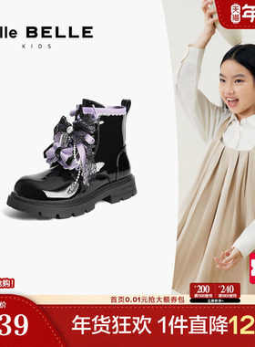 百丽英伦风马丁靴女中童鞋新款黑色小皮靴蝴蝶结短靴T8980D95