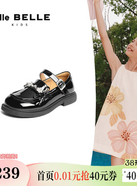 百丽童鞋一字带玛丽珍鞋女童新款公主黑色小皮单鞋子B0068C85