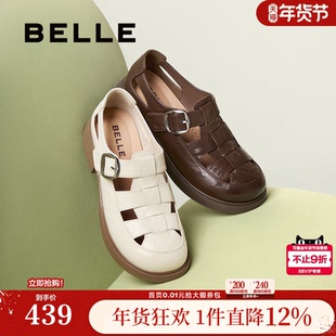 百丽复古透气罗马凉鞋女夏季新款包头厚底猪笼单鞋D5H1DBK5