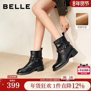 百丽粗高跟时装靴棕色靴子女真皮厚底棉鞋美拉德西部靴F2L1DDD5