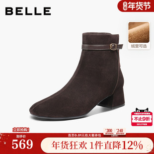 百丽复古显瘦超软羊皮粗高跟时装靴子冬季新款短靴加绒女BBW44DD5