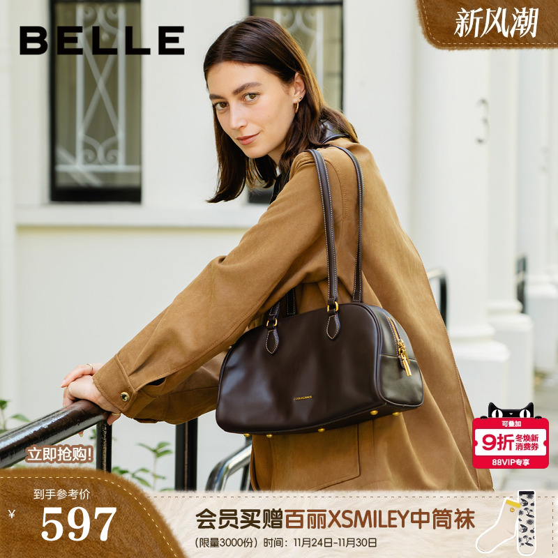 百丽反绒麂皮包包女2025新款通勤大号单肩保龄球波士顿包BL862DX5