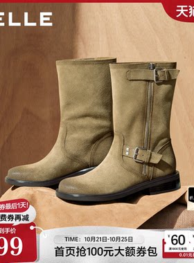 百丽牛皮复古堆堆西部短靴子女2026冬新商场款美拉德中筒靴3QFK2D