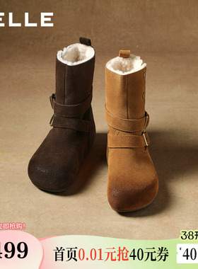 百丽复古双饰扣雪地靴女冬内增高加毛保暖休闲中靴F3E1DDZ5